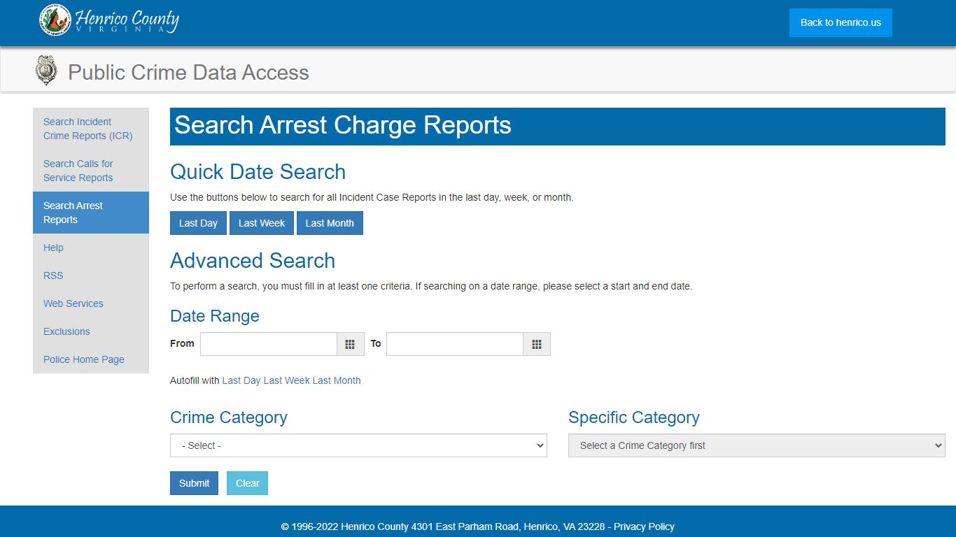 Arrest Charge Report Search - Henrico County, Virginia